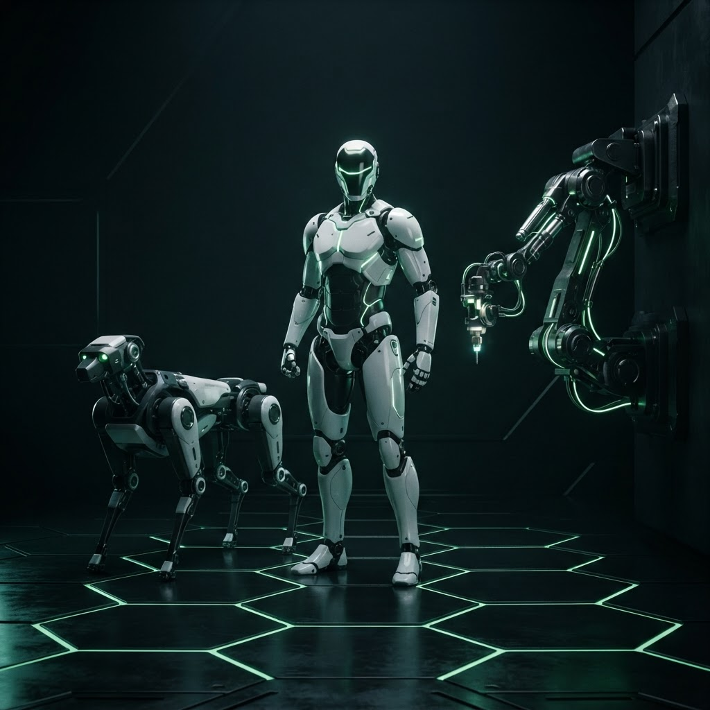 Unitree humanoid robot, quadruped robot dog, and a robotic arm illuminated with neon green accent lighting
